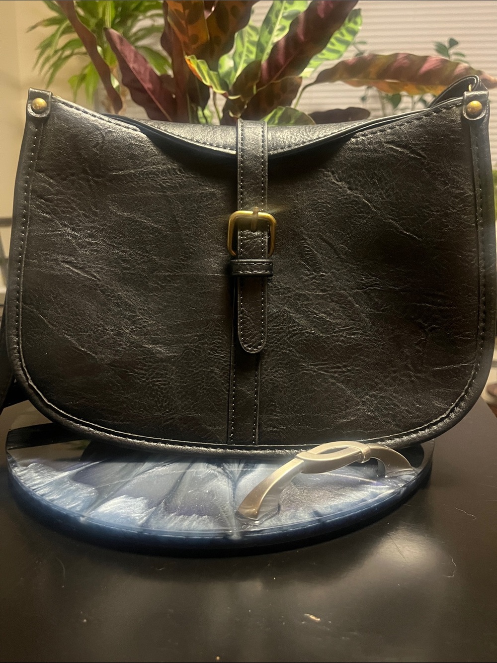 Classic Black Faux Leather Crossbody Bag with Buckle Accent - Never Used